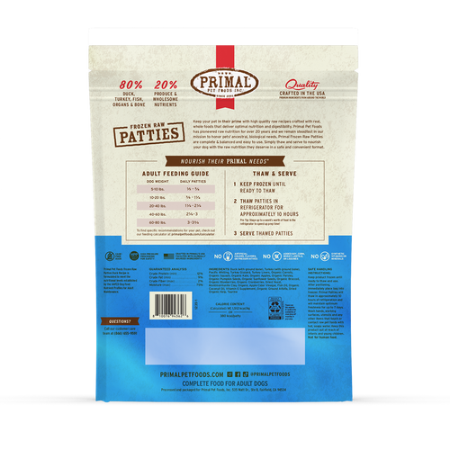 Primal Pet Foods Frozen Raw Patties Dog Food Duck Recipe